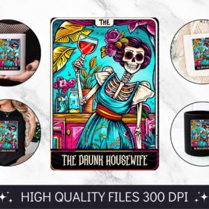 The Drunk Housewife Tarot Card PNG, Funny Skeleton Skull Sublimation, Popular Trendy Witchy Gothic Tshirt design, mug su