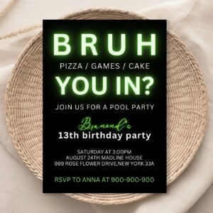 Bruh Neon Birthday Invitation, Boy Birthday Invitation, Teenager Birthday, Bruh It's My Birthday Invite, Canva 1180