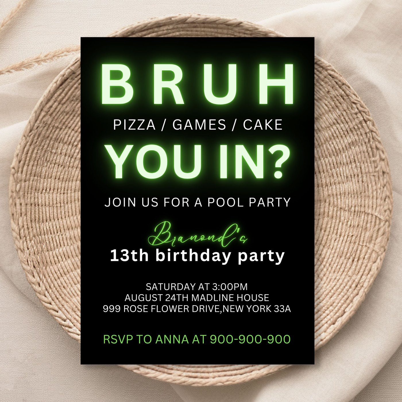 Bruh Neon Birthday Invitation, Boy Birthday Invitation, Teenager Birthday, Bruh It's My Birthday Invite, Canva 1180