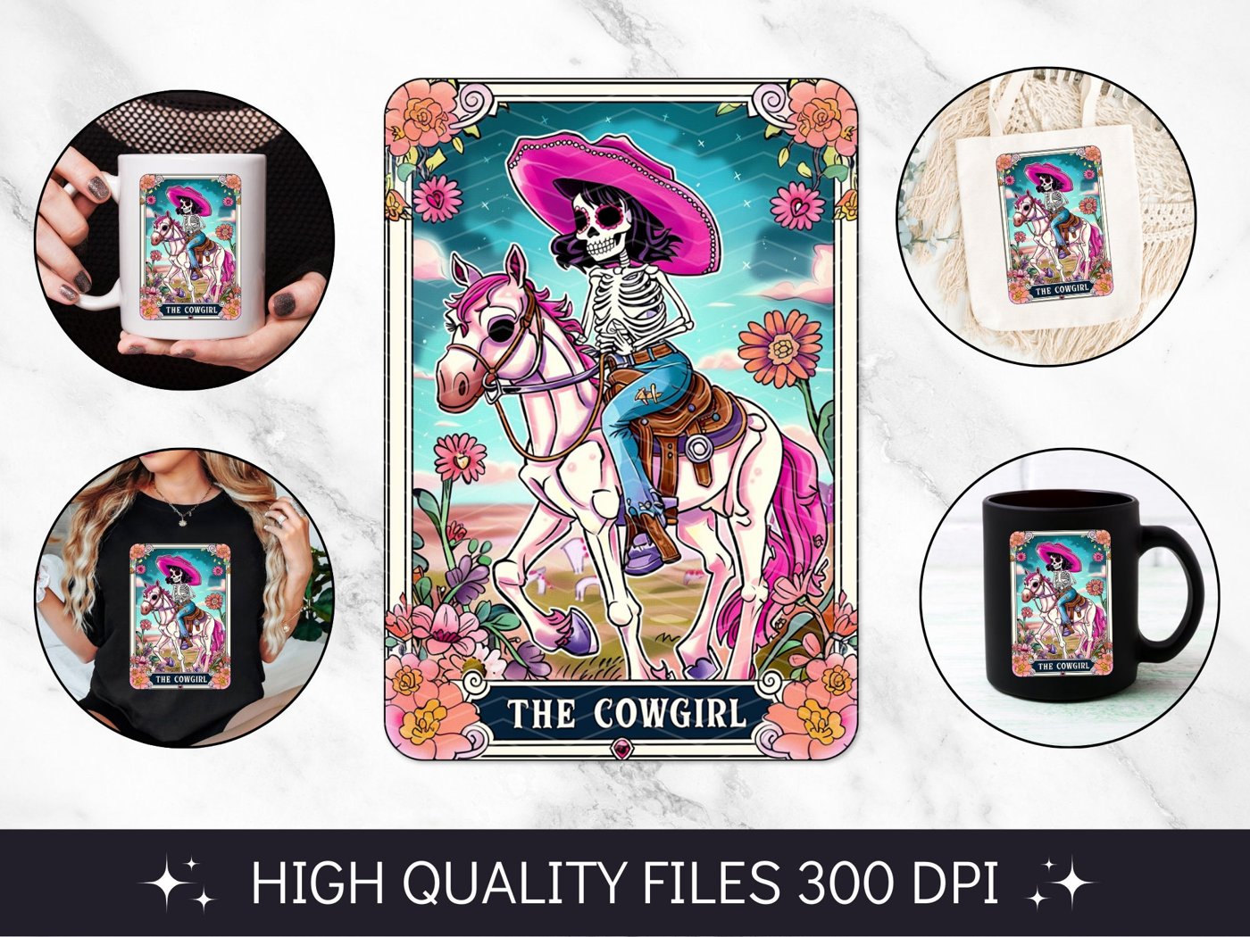 The Cowgirl Tarot Card PNG, Funny Skeleton Skull Sublimation Design, Popular Trendy Witchy Gothic Tshirt design, mug sub