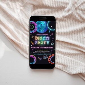 Editable Disco Party Birthday Invitation Glow Party, Disco Gender Neutral, Dance Party Neon Electronic invitation Digita