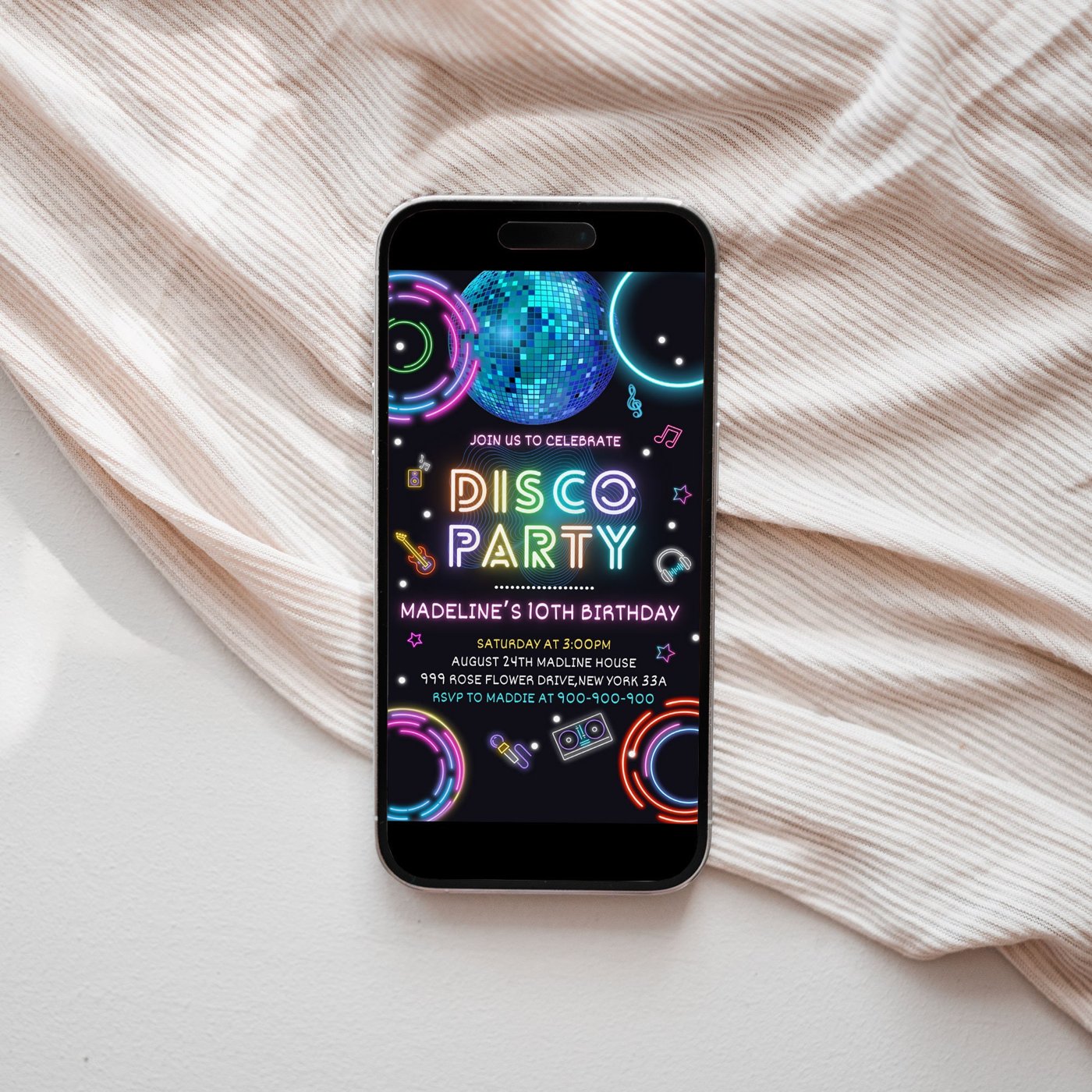 Editable Disco Party Birthday Invitation Glow Party, Disco Gender Neutral, Dance Party Neon Electronic invitation Digita