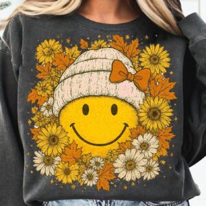 floral fall smiley face Png, Fall Png, Thanksgiving png, Autumn png, Fall shirt, Pumpkins, boho png,floral png, Fall pum