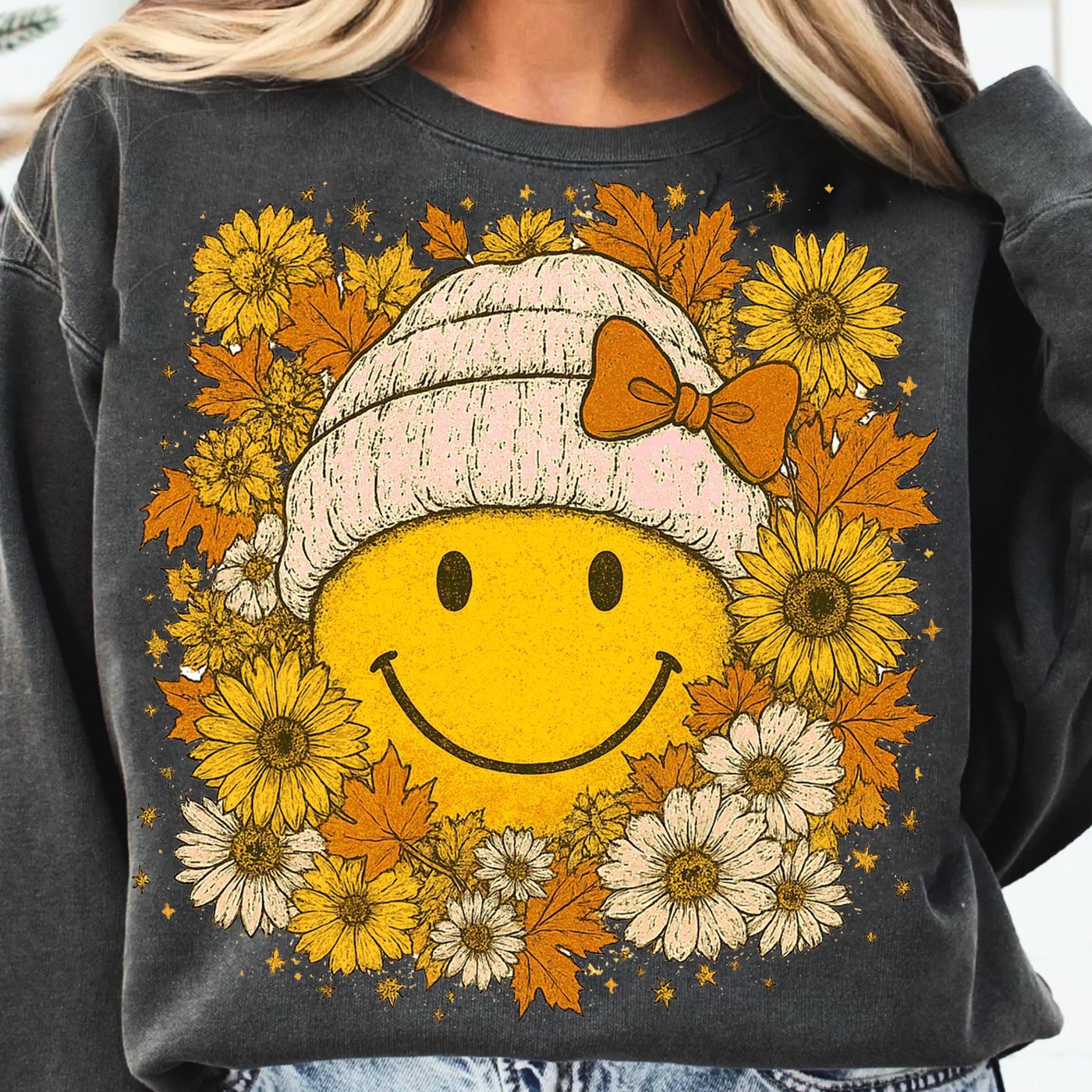 floral fall smiley face Png, Fall Png, Thanksgiving png, Autumn png, Fall shirt, Pumpkins, boho png,floral png, Fall pum