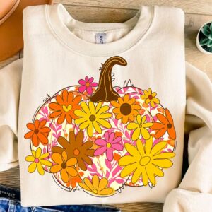 Floral Pumpkin Png, Retro Autumn Flowers Sublimation, Preppy Fall Brushstroke Png, Pumpkin Season Png, Boho Fall Pumpkin