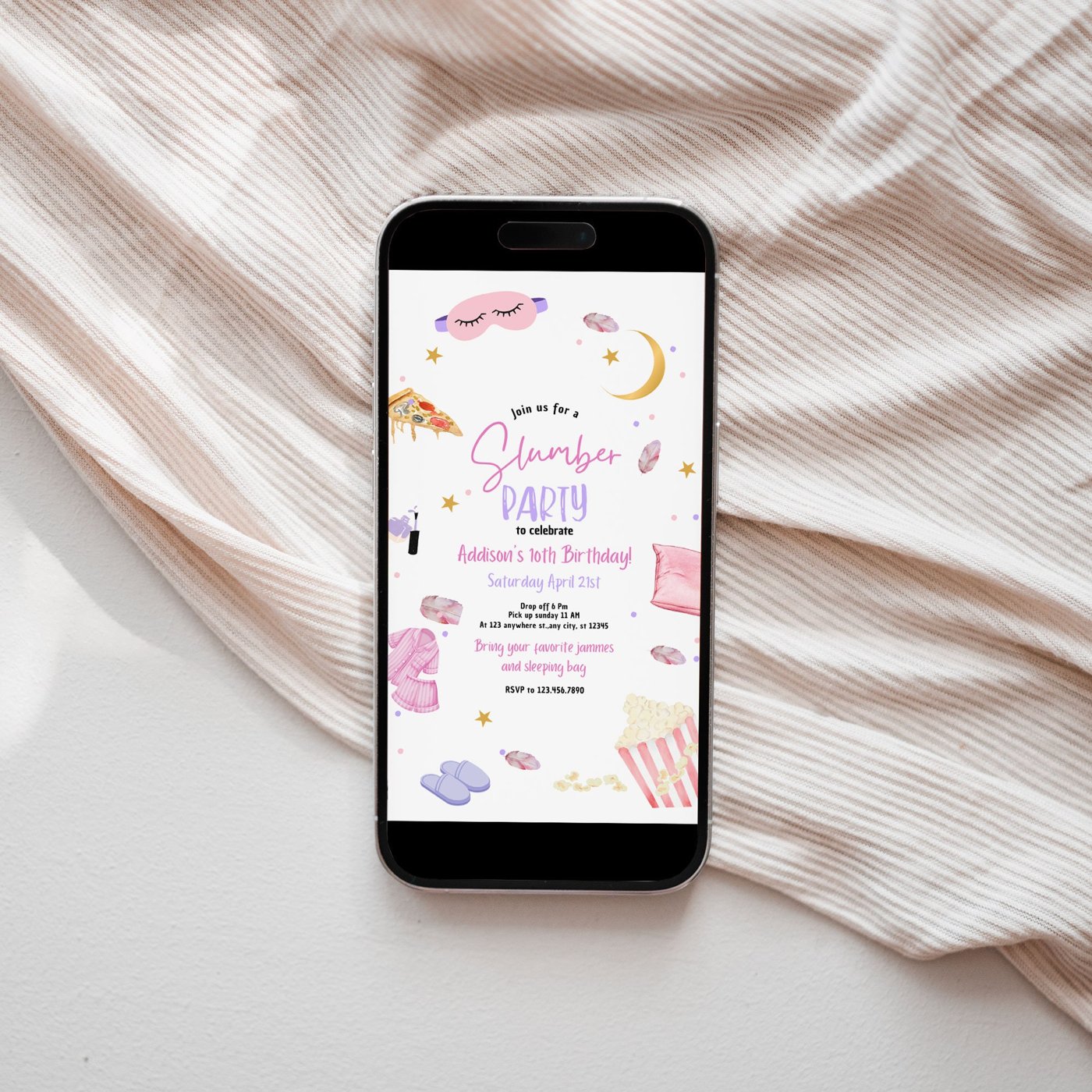 Editable Slumber Party Birthday Invitation Sleepover Birthday Invite Pink Girl Pizza PJ Teen Electronic invitation Digit
