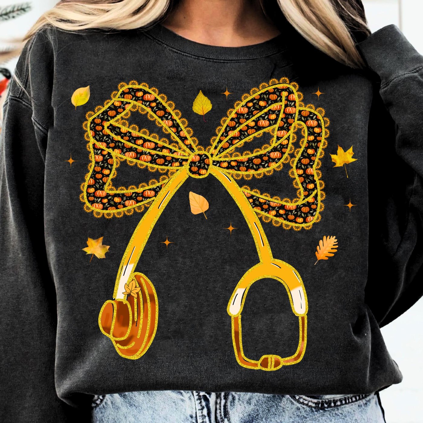 Fall Nurse Stethoscope Coquette Bow Png, Autumn Pumpkin Nursing, Neon Halloween Nursing Fall Png, Fall Pumpkin, Hallowee