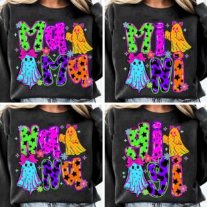 Neon Preppy Halloween Mama Bundle, Boo Ghost Shirt, Family Halloween Sublimation Design, Halloween Mom Nana Gigi Png, Ha