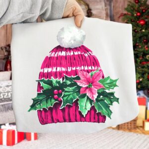 Pink christmas knit cap Png, Pink Christmas Png, Merry Christmas Png, Merry and Bright Png, Preppy Christmas Png, Holly