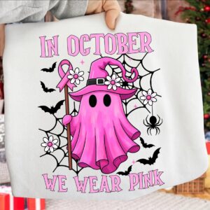 Halloween Ghost In October We Wear Pink Png, Breast Cancer Png, Pumpkin Splatter Png, Breast Cancer Awareness Png, Pumpk