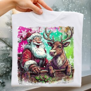 Christmas Santa and deer Png, Pink Christmas Png, Merry Christmas Png, Merry and Bright Png, Preppy Christmas Png, Holly