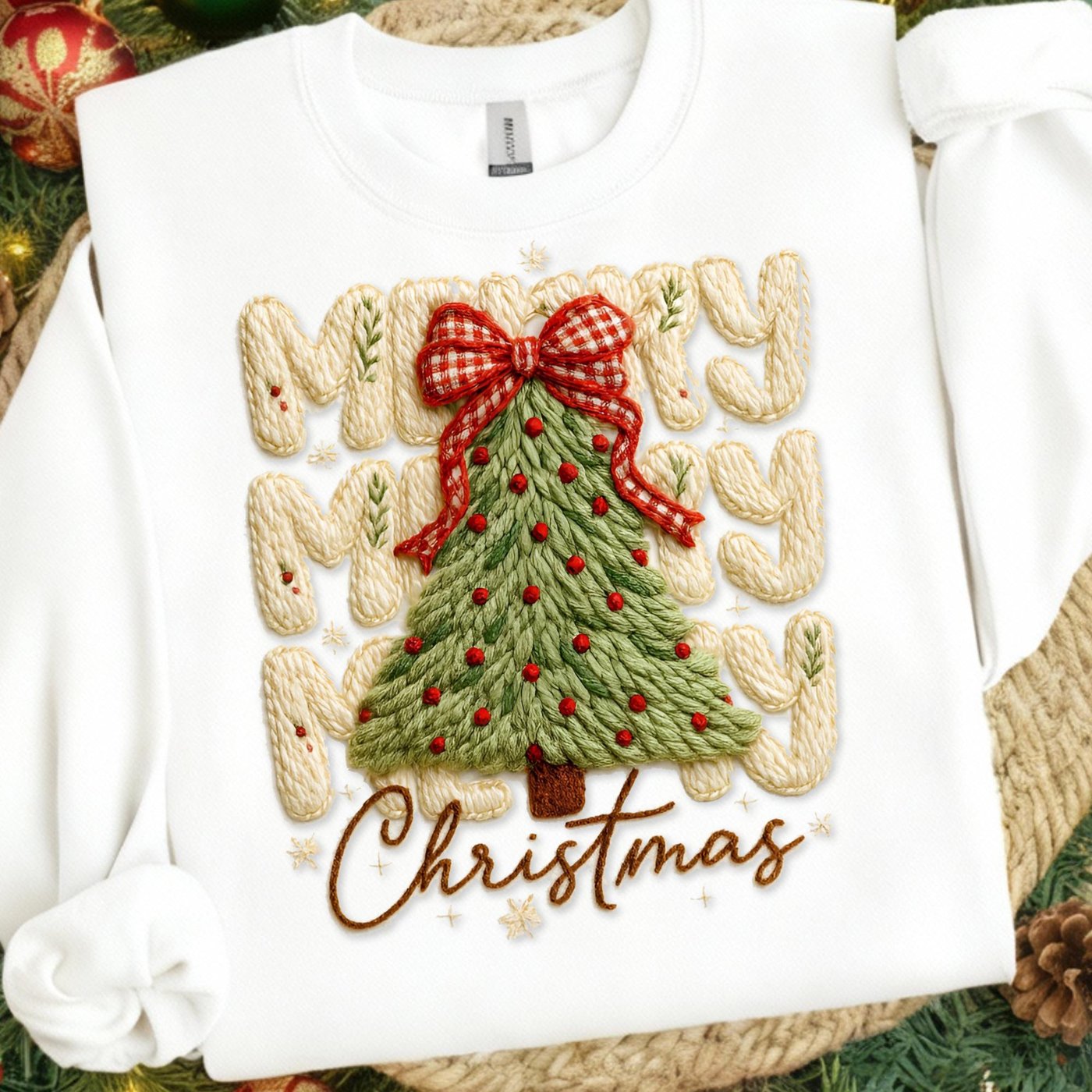 Faux Yarn Merry Christmas PNG, Realistic Yarn Sublimation, Yarn Christmas Tree Png, Chunky Knit Coquette Bow Christmas