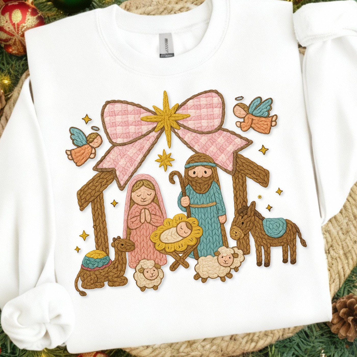 Faux Yarn Christmas Jesus nativity scene PNG, Realistic Yarn Sublimation, Yarn Christmas Tree Png, Chunky Knit Coquette