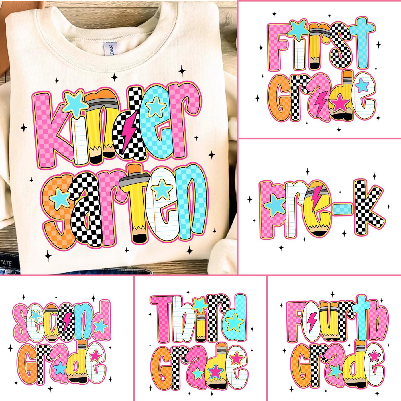 Retro Neon Back to School PNG Bundle, Girly Pink Bow, Hand Drawn, Colorful Coquette Kindergarten Pre-K 1st 2nd 3rd 4th G