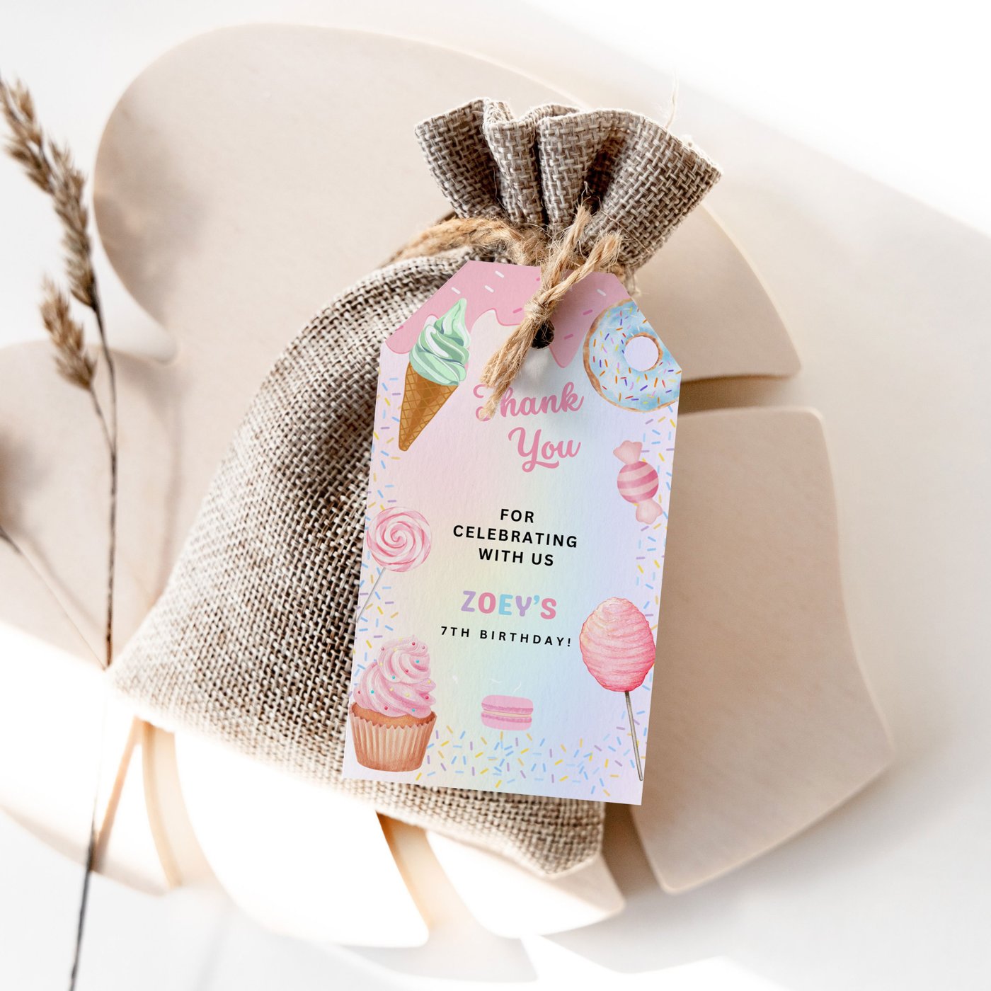 Editable Cotton candy sweets donut ice cream cupcake Birthday Party Simple Favor Tags Thank You Tags cotton candy sweets