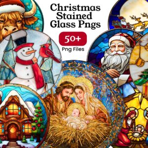 50+ Christmas Stained Glass Clipart Bundle, Round Ornaments PNG Set, Nativity scene, Merry Xmas Digital