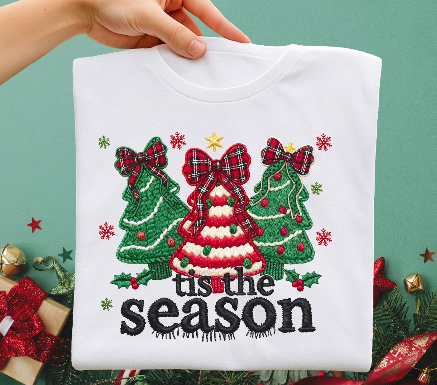 Faux Yarn Christmas Tis the season PNG, Realistic Yarn Sublimation, Yarn Christmas Tree Png, Chunky Knit Coquette Bow C