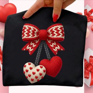 Valentine Faux yarn bow cheery PNG, Pink Red Heart Coquette Design, Valentines day png, Retro Girly Valentine Shirt Png,