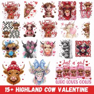 Valentine's Day Cow PNG Bundle, knitted valentine Vintage Valentine Highland Cow Png, Trendy Valentine Png, Vday Preppy