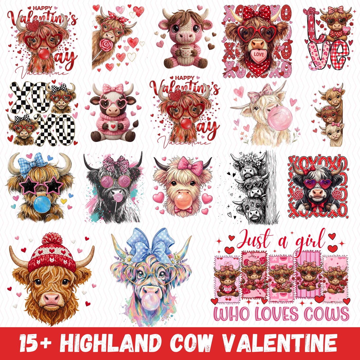 Valentine's Day Cow PNG Bundle, knitted valentine Vintage Valentine Highland Cow Png, Trendy Valentine Png, Vday Preppy