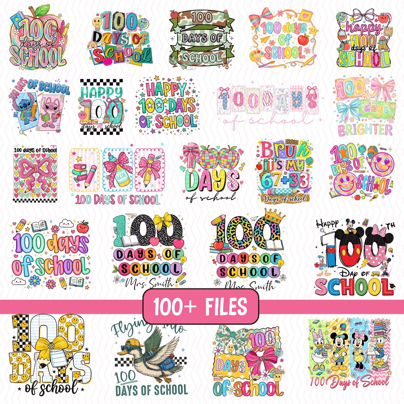 100 Days Of School PNG Bundle 100 Days Brighter Teacher Retro Kids Shirt Preppy Coquette Bow Happy Tackled Designs Subli