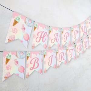 Editable cotton candy sweets donut ice cream cupcake Birthday Party Happy Birthday Banner Girl Pink Party banner Decorat