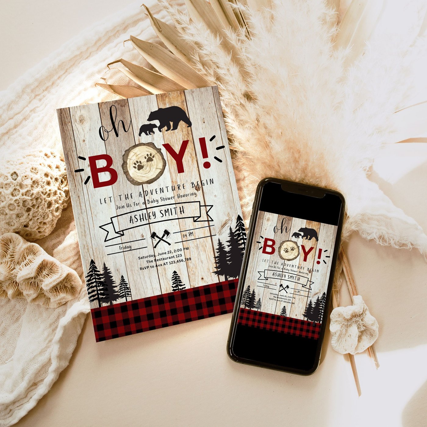 Editable Lumberjack Baby Shower Invitation Baby Boy Buffalo Plaid Rustic Bear Cub Electronic Invitation Phone Template D