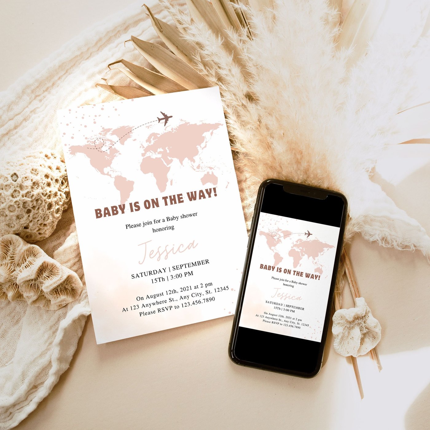 EDITABLE Travel Baby Shower Invitation, adventure awaits Gender Neutral baby shower Electronic Invitation Phone Template