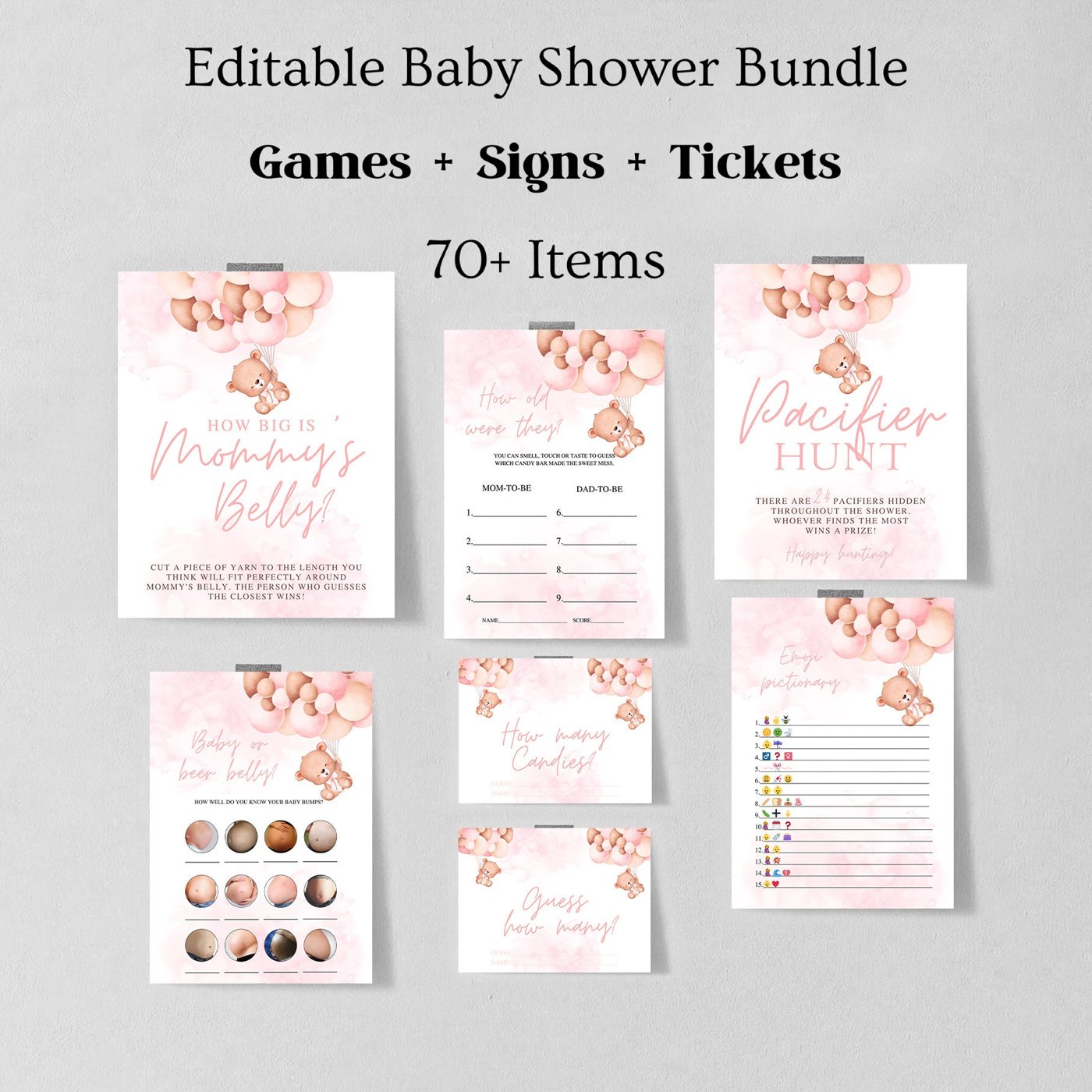 Teddy Bear Baby Shower Games, Girl Baby Shower Games Bundle, Pink Balloon Shower Games, Printable Baby Shower Games, Vir