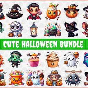 Cute Spooky Cartoon Halloween Clipart Bundle, Pumpkin Stickers, Adorable Witchy Graphics, Haunting Zombie PNG, Kawaii Mu