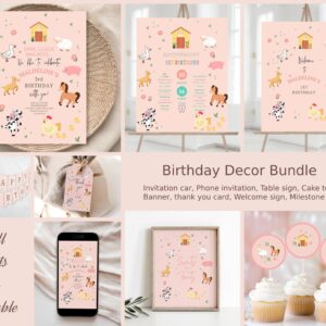 Bundle Editable Farm Birthday Invitation Girl Farm Animals Pink Barnyard Party Modern Pastel Download Printable Invite T