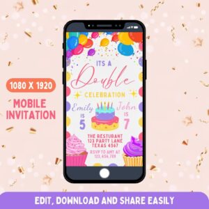 Editable Joint Birthday Party Mobile Invitation Template, Sibling or Double Birthday Design, Canva Editable, Printable P
