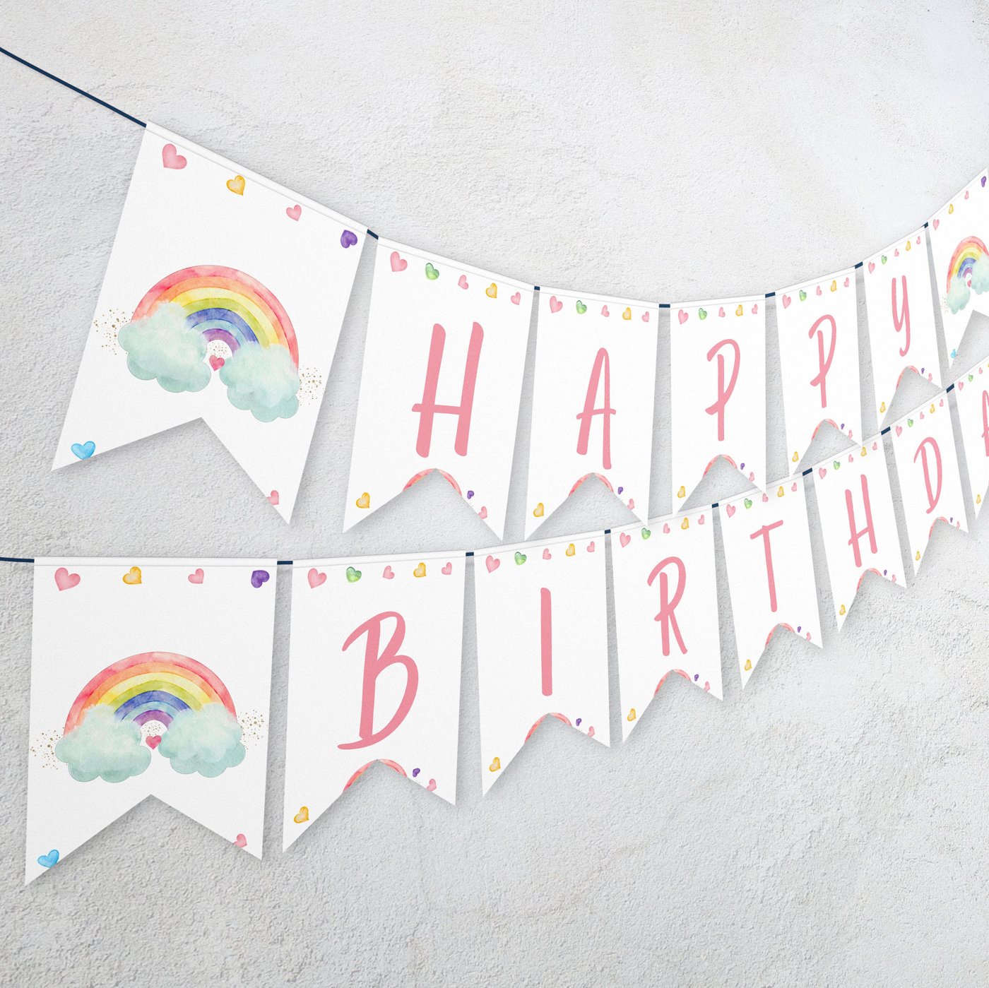 Editable Rainbow Happy Birthday Banner, Girls Rainbow Party Rainbow Birthday Invite Pink Gold Rainbow Party banner Decor