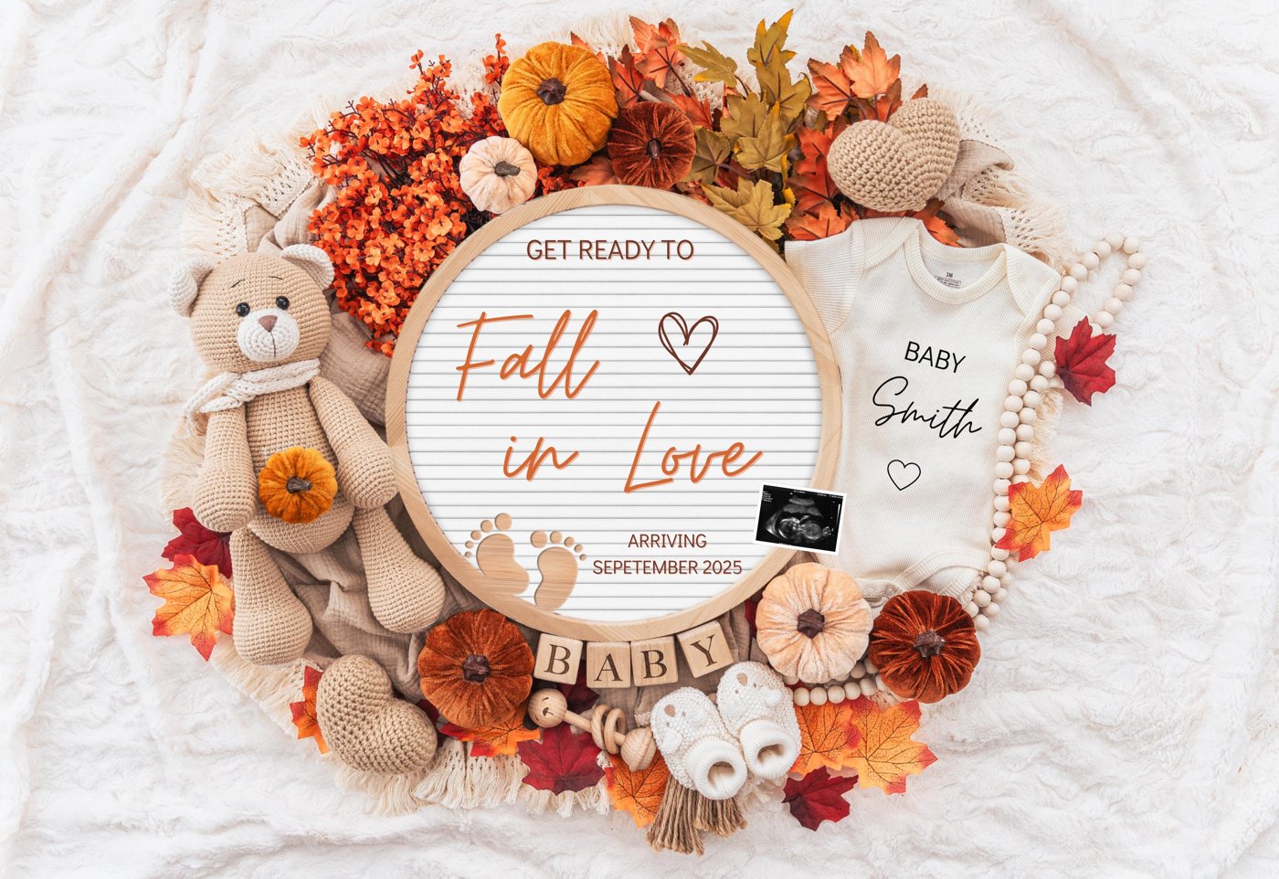 Fall In Love Pregnancy Announcement Digital, Autumn Baby Announce, Neutral, Instant Editable Template, Social Media, Gen