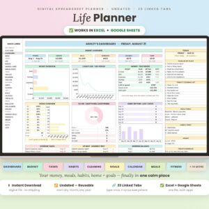Life Planner Spreadsheet | Google sheet | Budget Tracker Template Task To Do List Habit Productivity Goal Daily Planner