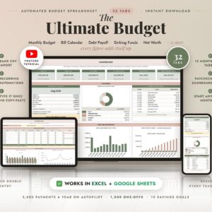 Ultimate Annual Budget Spreadsheet Excel | Google Sheets Budget Template Monthly Budget Tracker Financial Planner Bill T