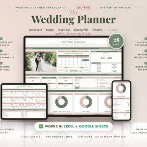 Wedding Planner Spreadsheet, Wedding Budget Tracker, Timeline Checklist, Guest List Tracker, Wedding Itinerary, Seating
