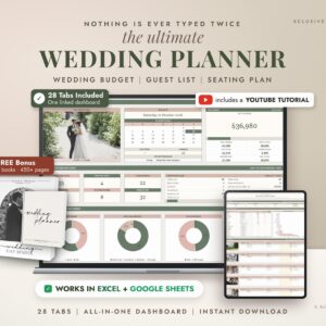 Wedding Planner Spreadsheet, Wedding Budget Tracker, Timeline Checklist, Guest List Tracker, Wedding Itinerary, Seating