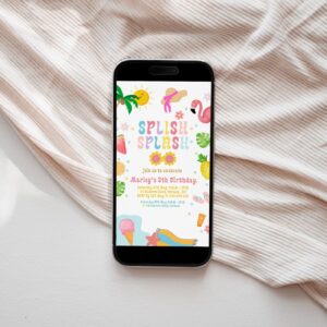 Editable Splish Splash Birthday Invitation Pool Party Girl Summer Waterslide Water Party Pink Electronic Phone Template