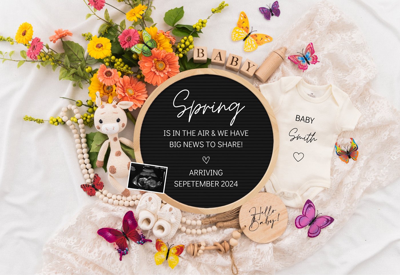 Spring is in The Air, Digital Pregnancy Announcement, Baby Announcement, Floral Gender Neutral Template, Social Media Re