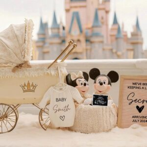 Whimsical Pregnancy Reveal – Editable Digital Template Featuring Mikey & Mini, Gender-Neutral Design with Magic Castle