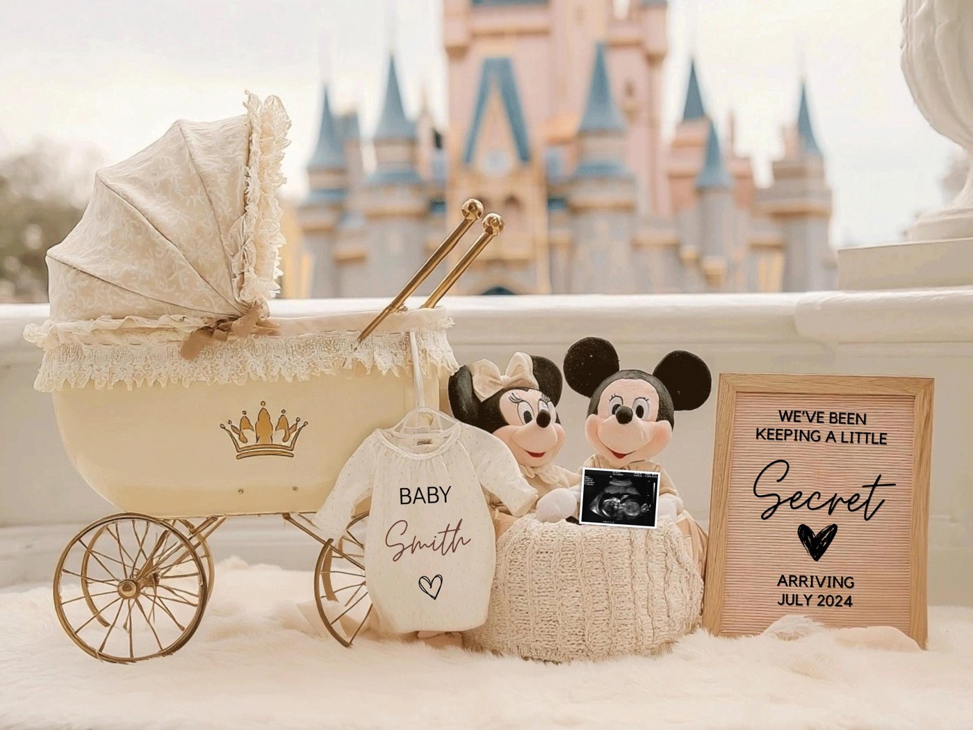 Whimsical Pregnancy Reveal – Editable Digital Template Featuring Mikey & Mini, Gender-Neutral Design with Magic Castle