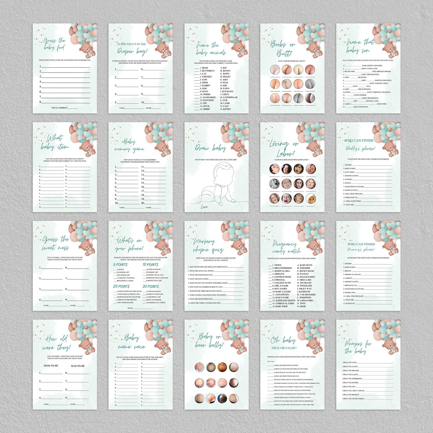 Teddy Bear Baby Shower Games Printable, Editable Baby Shower Games Bundle, Baby Shower Games, Green balloon baby shower