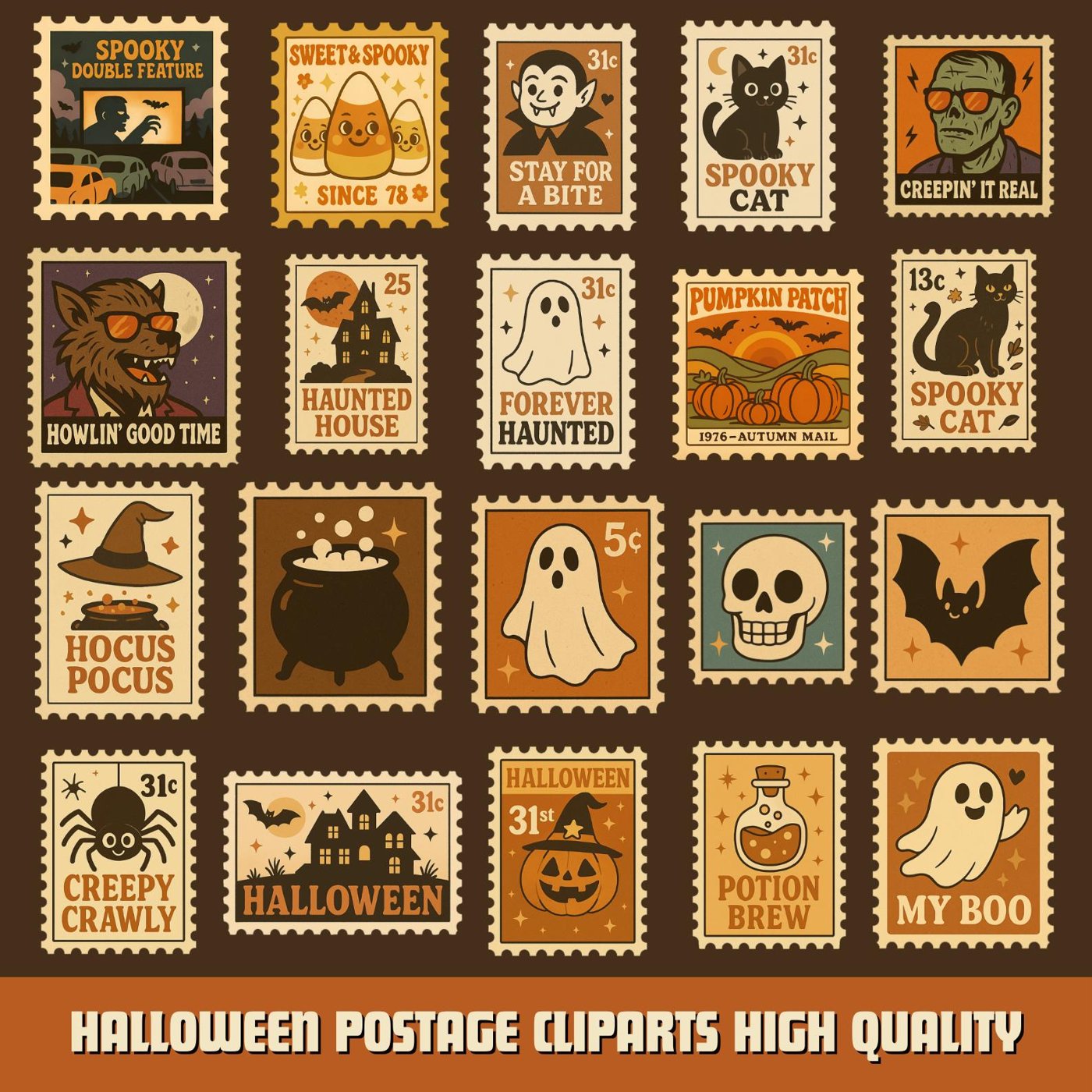 50+ Vintage Halloween Postage Stamp Clipart | halloween sublimation | spooky Retro Halloween | halloween svg halloween c