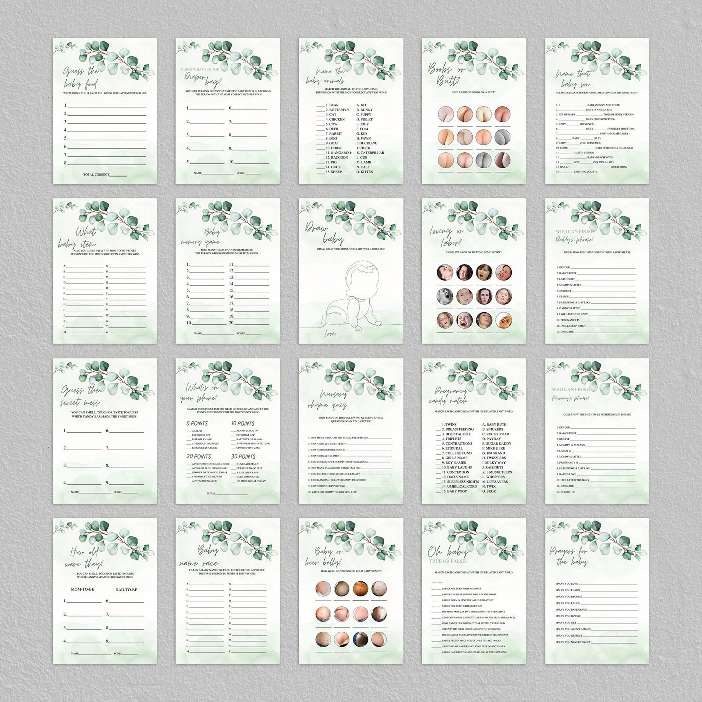 Eucalyptus Baby Shower Game, Greenery Baby Shower Game Bundle, 70 Baby Shower Games Included, Printable Game Package 122