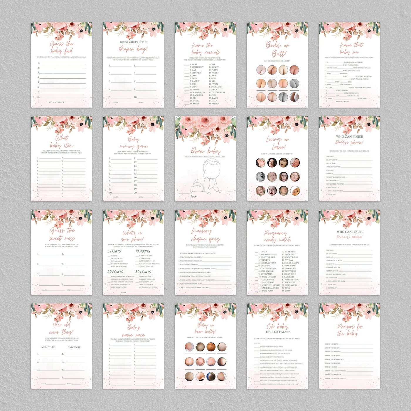 Blush Pink Floral Baby Shower Games bundle, Editable baby shower games, Floral baby shower games printable, Girl baby sh