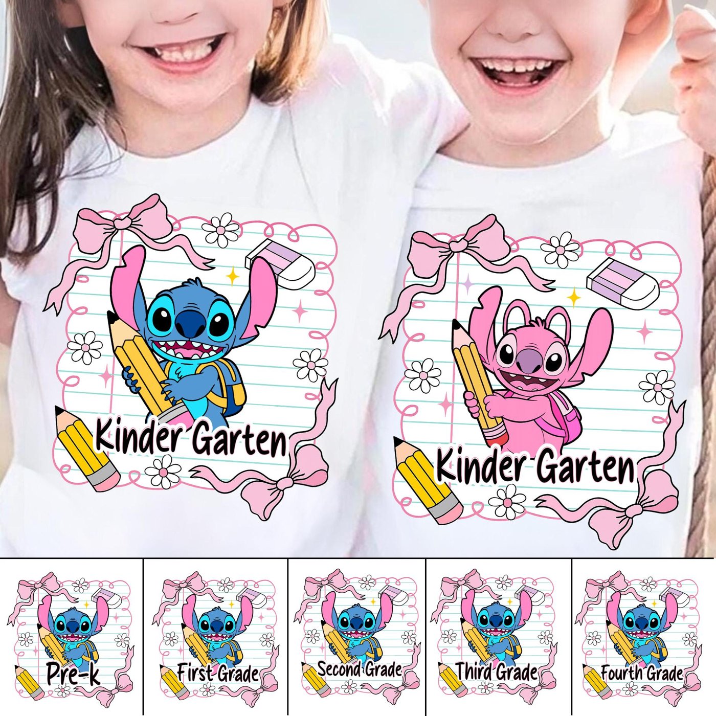 Stich Mikey Mouse Honey Bear Cartoons Back to School Bundle, Blue Alien Girly Coquette Sublimation, Pink Bow Pre-k 1st/2