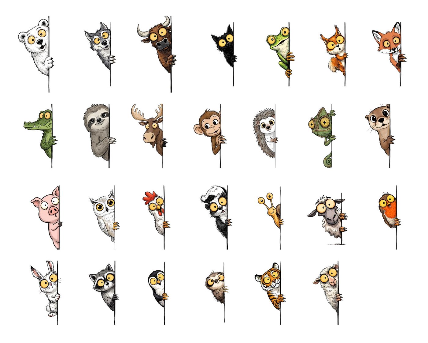 Peeking Animals: 130 PNG, 300 DPI Quirky Animal Faces | Woodland Creatures | Nursery kids, peaking animals bundle