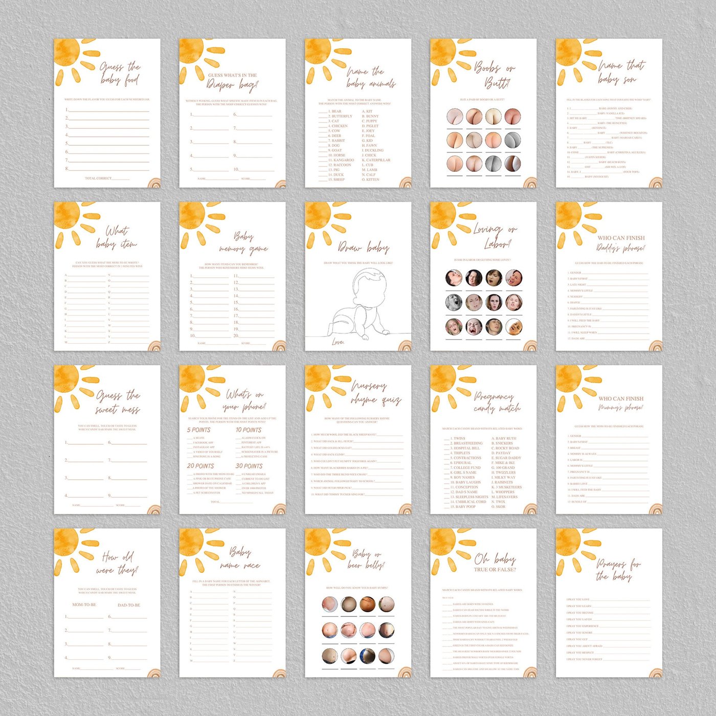 Editable Sun Baby Shower Games Bundle, Here comes the sun baby shower games template, Boho Sunshine Baby Shower Games 12