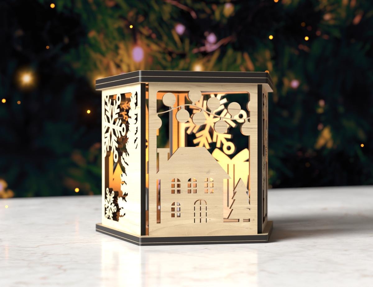 Christmas Decor Lantern Night Light Decoration Centerpiece SVG | Table Lampshade & Candle Holder Digital Download, Candl